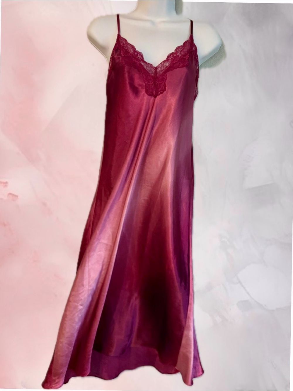 In Bloom By Jonquil Zamora Lace Trim Satin Slip Nightgown in Berry Pink Ombre M
